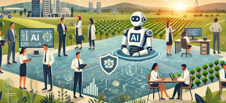 Image of animated scene with people working and talking in a field made of a microchip and fields depicting AI and the 25 fastest-growing jobs in the U.S