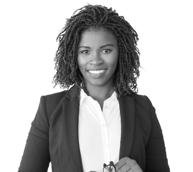 GloballyHired worker smiling and holding her glasses in a building suit