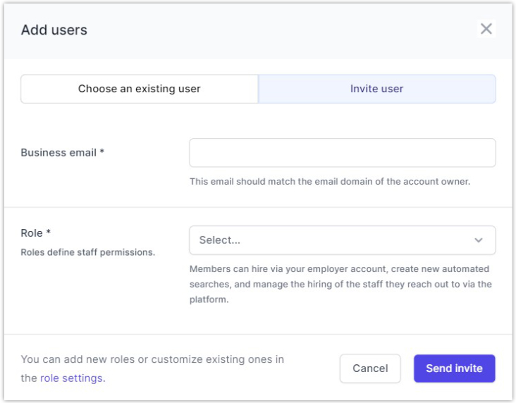 Employer - invite new users in settings