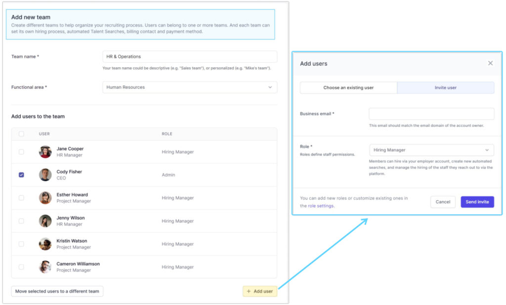 The image depicts how to add a new team in the Account Settings on GloballyHired. When you create a team, you can manage existing users or invite new ones and directly assign their role permission.