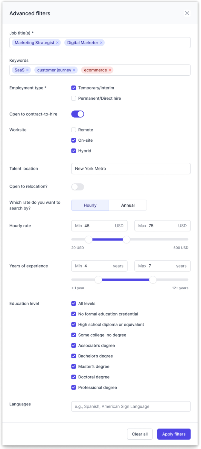 Image shows the Advance Filters pop-up which is a tool located in the Your current search tab for employers to set to narrow their search for the talent they need on GloballyHired.