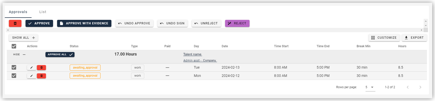 Employers can view their W2 contractor's submitted work hours by day. They can approve, reject, or edit timesheets as needed.