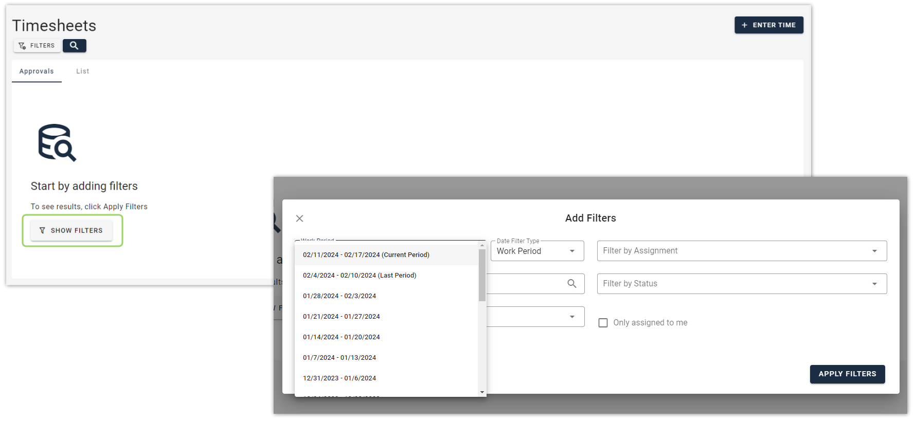 Use filters to customize your search for specific timesheet approvals for talent in Ascen.