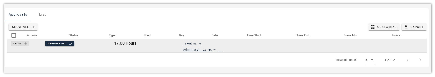 Employers can review their W2 contractor's total hours worked per week in Ascen under 'Timesheets'