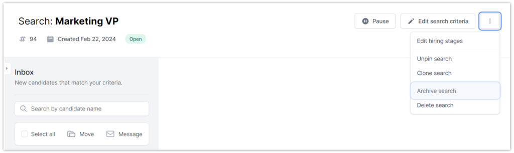 Image depicts a view of a specific saved automated search. Employer can click the three dots to access additional actions and can find the Archive search action.