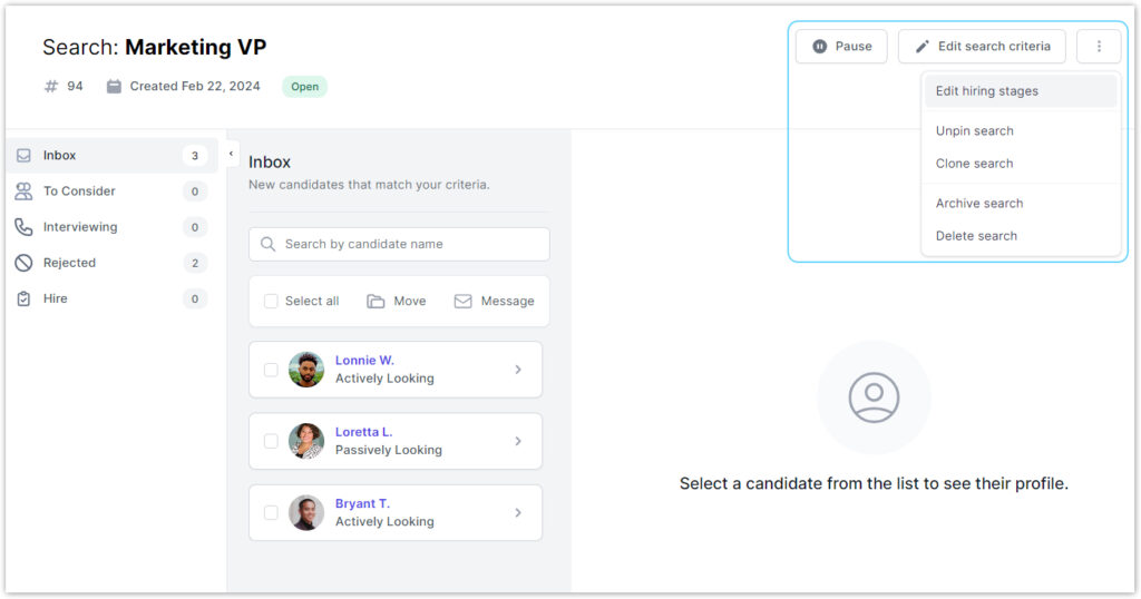 Image shows the setting options available to the employer to edit their saved automated searches. Employers can edit hiring stages, edit search criteria, and pause, pin, clone, archive, and delete a search.