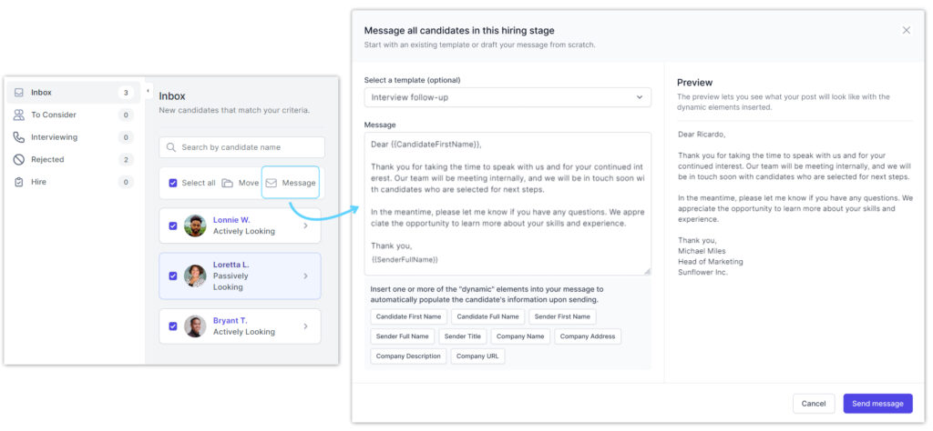 Image shows the mass messaging functionality available to bulk message candidates in specific hiring stages saved in an employer's automated search. 