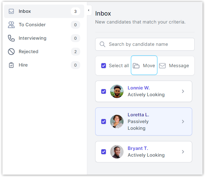 Image shows how employers can select specific candidates within a hiring stage folder and move them to another stage.