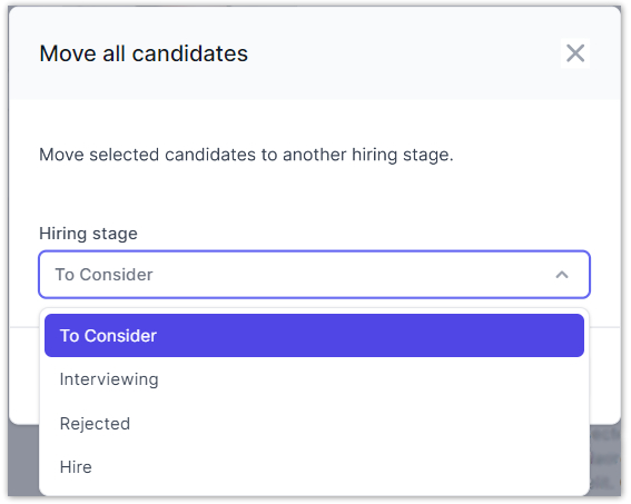 Image shows pop-up that appears when an Employer selects candidates to move to another hiring stage for their automated search.