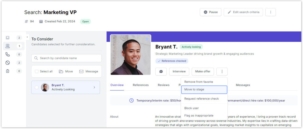 Image shows how an Employer can individually move talent between hiring stages for their automated search directly within the talent profile.