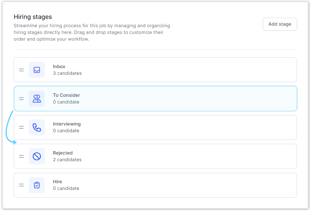 Image shows how Employers can drag and drop to rearrange their hiring stages for their automated search.