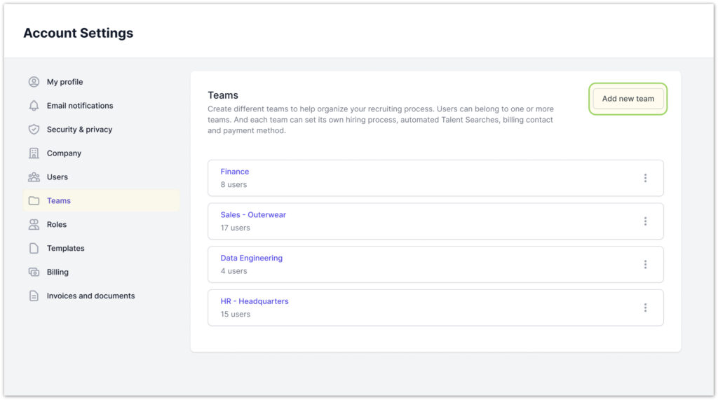 Create hiring teams from Account settings