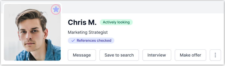 Image shows the top of a talent profile where an employer can click the star icon to save profile to a folder in their Favorite talent tab.