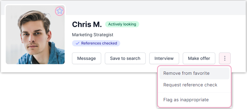 Image shows star icon on the right corner of the photo of the talent's profile where employers can un-click the star icon to remove a talent from their favorites. Employer can also click the three-dot icon to remove talent from their favorites.