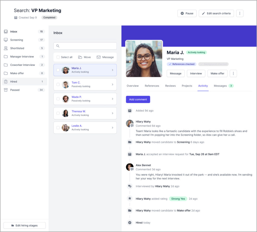 Customize your hiring stages, share feedback with your team, and track your interview and offer activity.