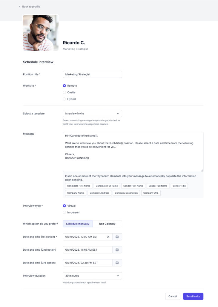 Image shows the interview request form completed on GloballyHired's platform for an executive assistant position. The interview request form includes the list of times the employer has proposed, duration of the interview, and the option to send a message to the talent.