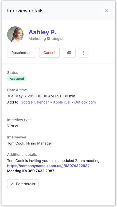 Image shows the interview pop-up that appears for employers to view the details of a specific interview with talent. Interview details include talent name, interview status, scheduled date & time, Interviewer name, and additional details.