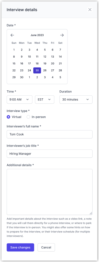 Image depicts the interview details pop-up in which the employer can edit directly to reschedule the interview to a new date/time, change the interviewer's name/job title, and to update additional details of the interview.