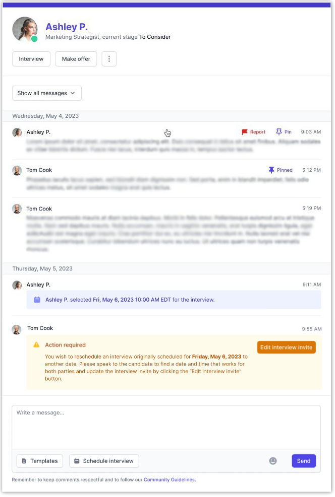 Image depicts messages between an employer and talent about scheduling an interview on GloballyHired. Employers can edit their interview invites directly in the messages.