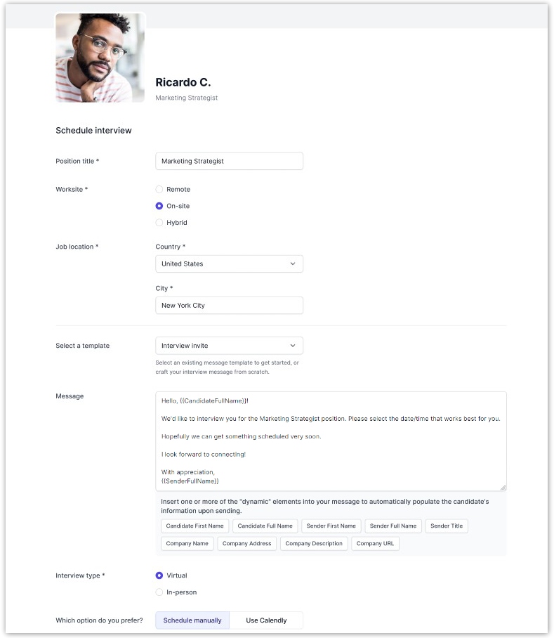 Image shows an example of the interview request form in which employers can complete and send to candidates to schedule interviews.