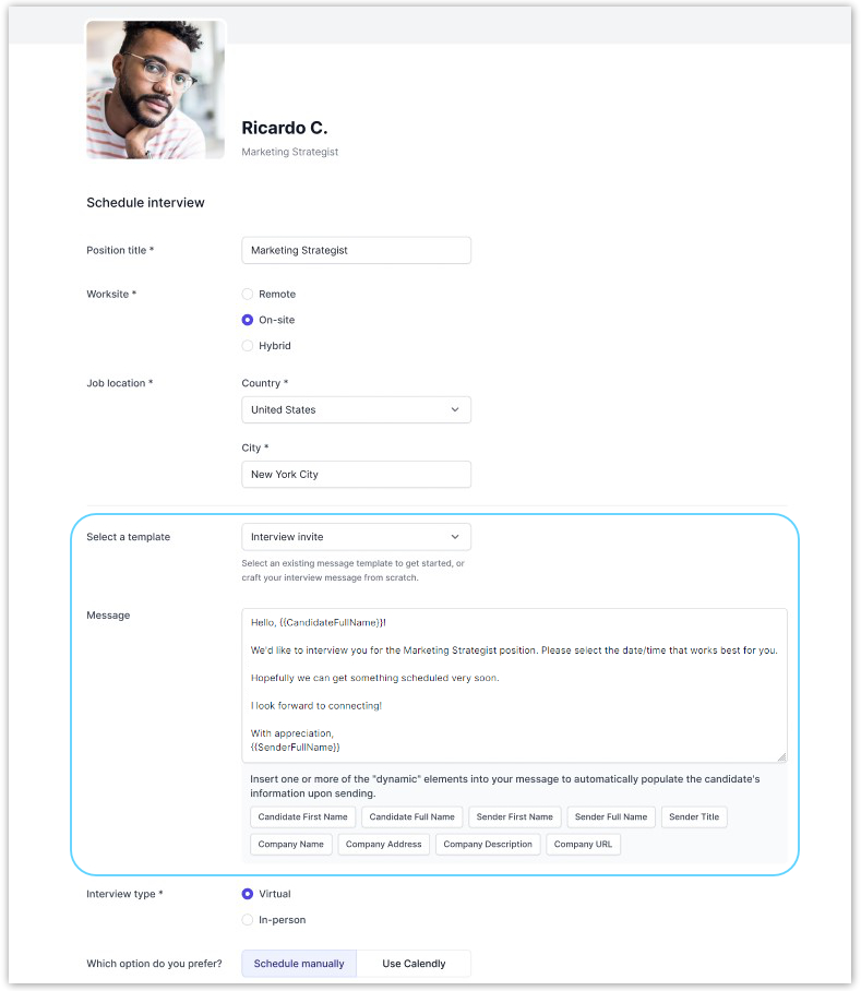 Image shows the interview request form that Employers can fill out to request a talent an interview. Employers can draft a message to send along with the interview request.