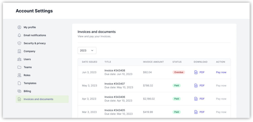 Access invoices and documents in Account Settings