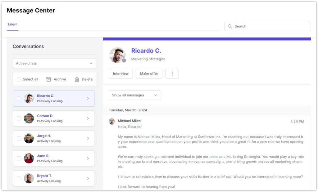 Image shows GloballyHired's Message Center for Employers. Employers can go to the Message Center to view all conversations with talent.