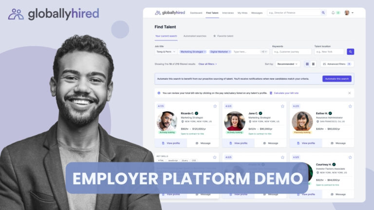 Image that shows a professional person smiling and the the text Employer Platform Demo can be seen. The globallyhired logo can also be seen.