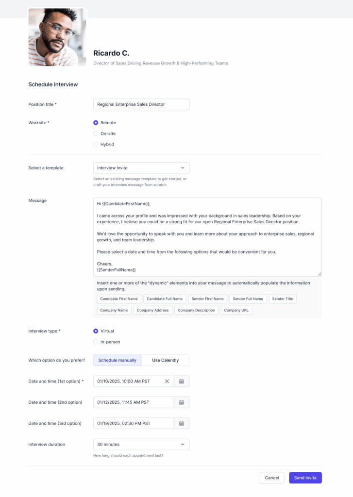 A scheduling interface for interviewing Ricardo C., a candidate for the Regional Enterprise Sales Director role. The interface displays options to set interview details, including worksite (remote, on-site, hybrid), interview type (virtual or in-person), scheduling method, proposed dates and times, and interview duration. A message template is shown, where the employer expresses interest after viewing the candidate’s profile and invites them to choose a convenient time. The candidate’s profile picture and headline, “Director of Sales Driving Revenue Growth & High-Performing Teams,” are visible at the top.
