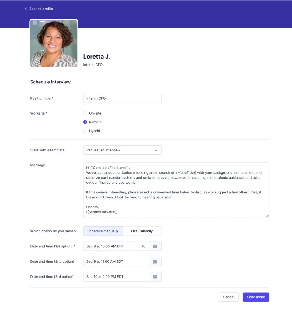 Image shows the interview request form completed on GloballyHired's platform for an interim CFO position. The interview request form includes the list of times the employer has proposed, duration of the interview, and the option to send a message to the talent.