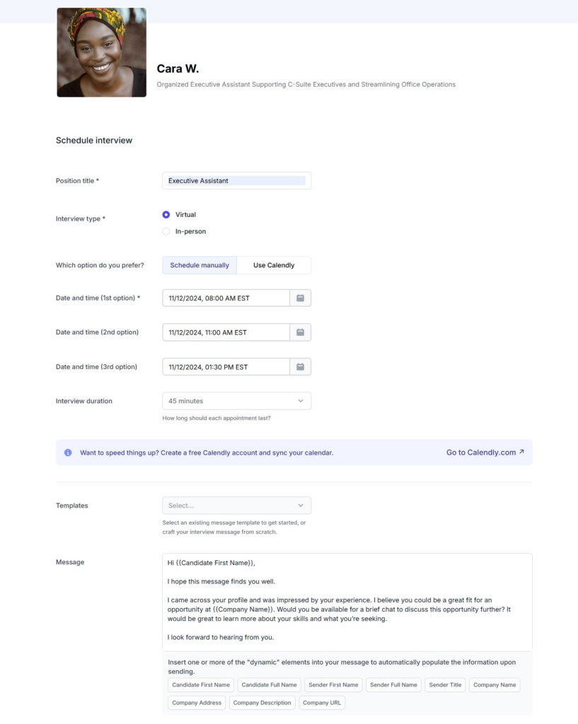 Image shows the interview request form completed on GloballyHired's platform for an executive assistant position. The interview request form includes the list of times the employer has proposed, duration of the interview, and the option to send a message to the talent.