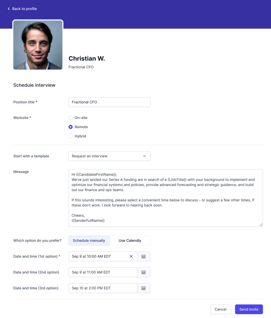 Image shows how employers can chat and schedule interviews directly with talent on the GloballyHired platform. The image depicts a messaging and scheduling interface where an employer sends a message to a candidate and can propose interview times, highlighting the simplicity and efficiency of the process.