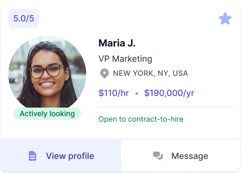 Image shows an example of a preview of a talent profile on GloballyHired. The preview shows a profile preview for Maria J. , specialized in VP of Marketing and is based in New York who is actively looking for jobs.