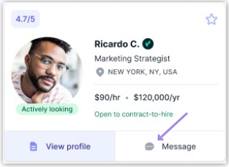 Image shows an example of a talent profile preview in card view. An arrow points to the Message icon/button (chat bubble with 3-dots).