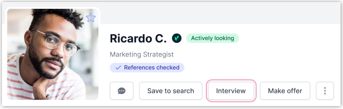 Image shows the top of a talent profile where an employer can click the Interview button to send talent an interview request.