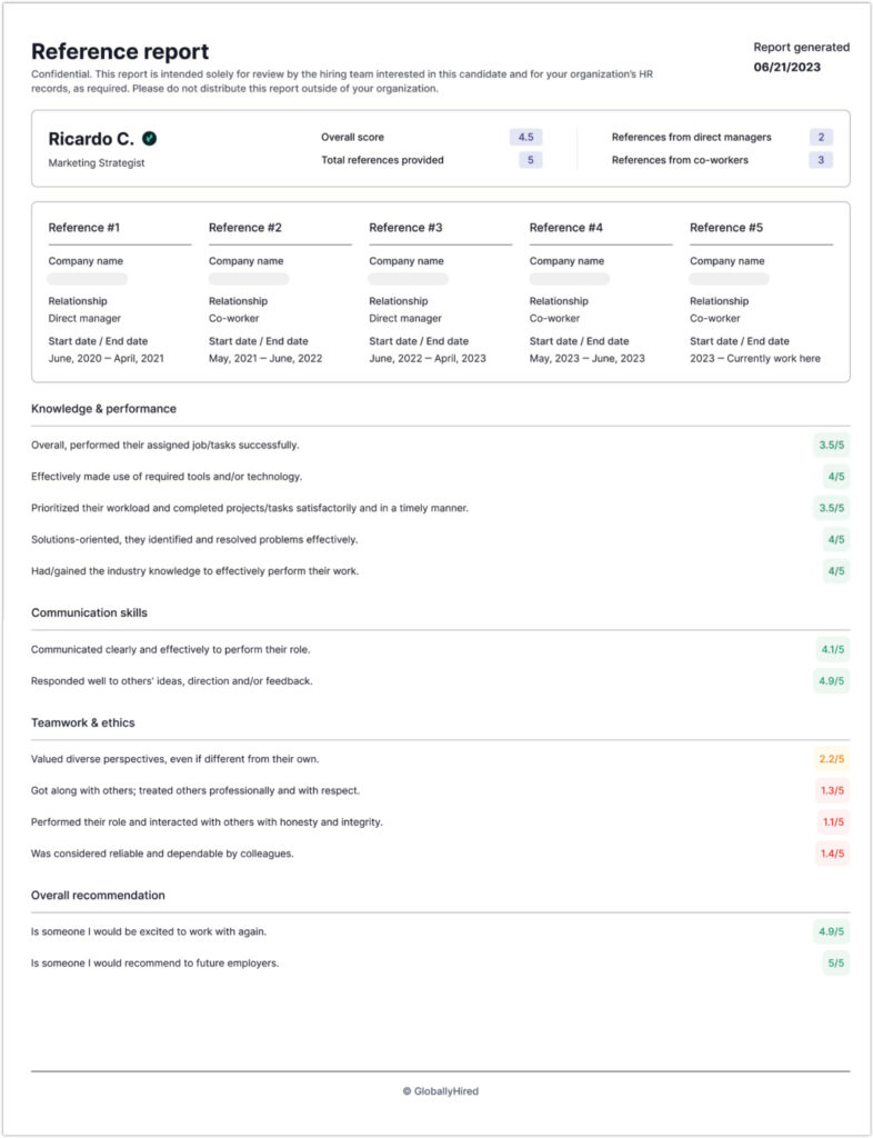 Employers can download a reference report from talent's profile