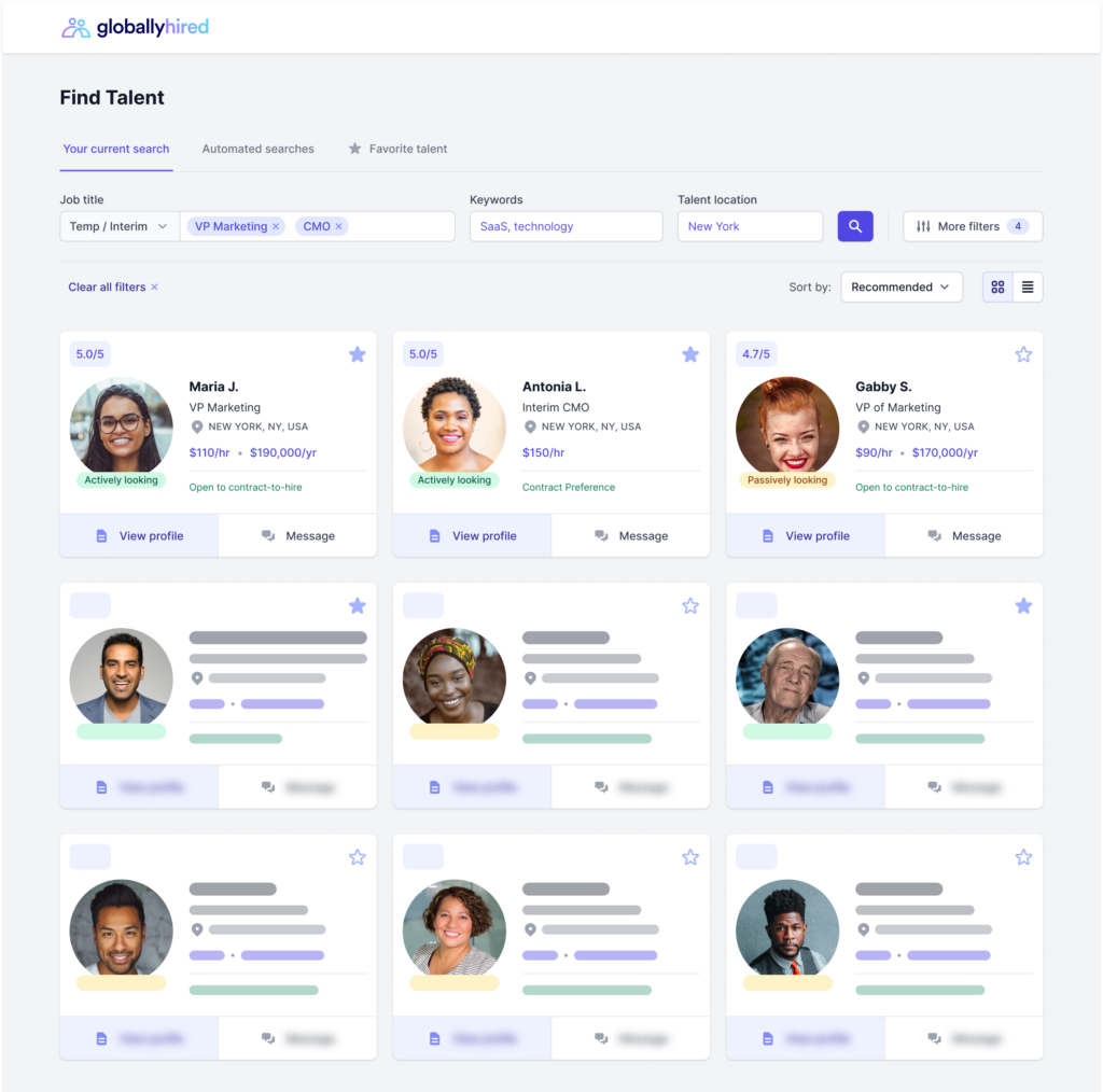 Image shows GloballyHired's talent results page where employers can use advanced filters to easily find talent available for hire who meet specific skills and experience.