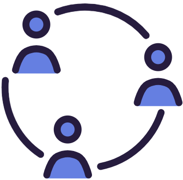 Icon of three people connected in a circle depicting a network of flexible and collaborative talent.