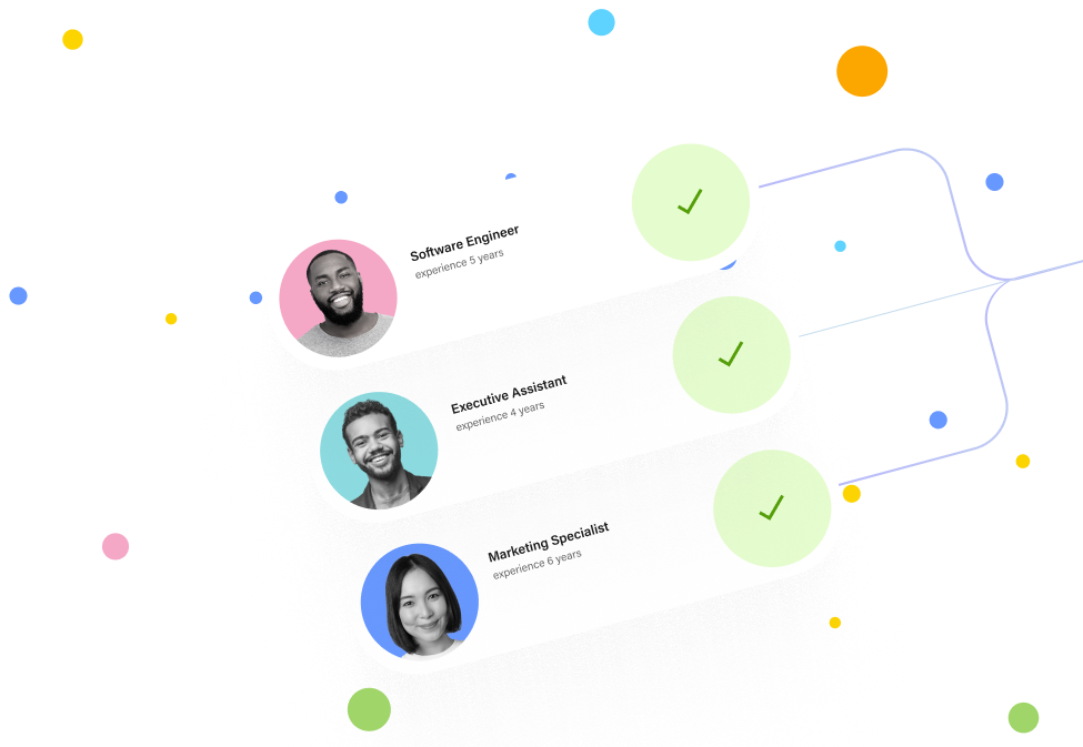 Image of three talent profiles can be seen on a white backdrop with colorful dots of different sizes