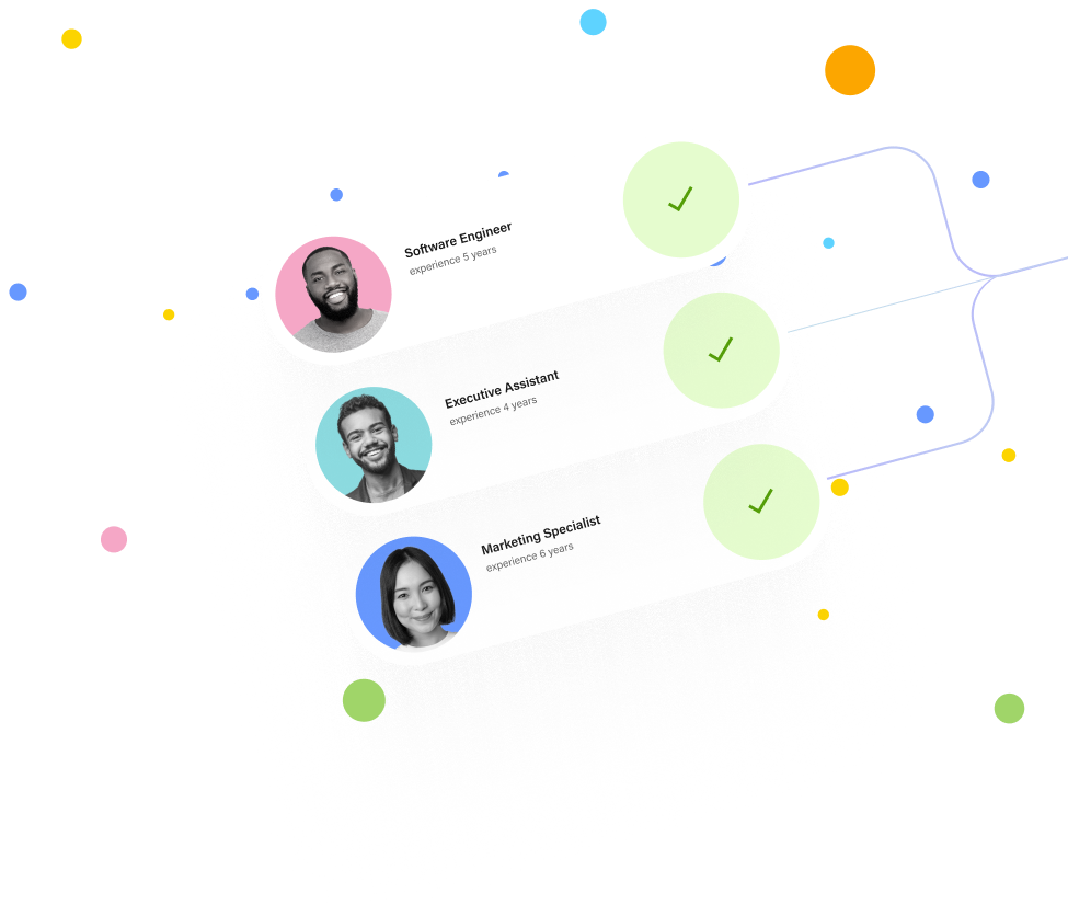 Image of three talent profiles can be seen on a white backdrop with colorful dots of different sizes