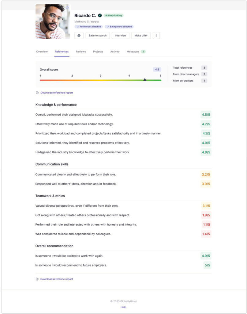 Example of references displayed on talent profile