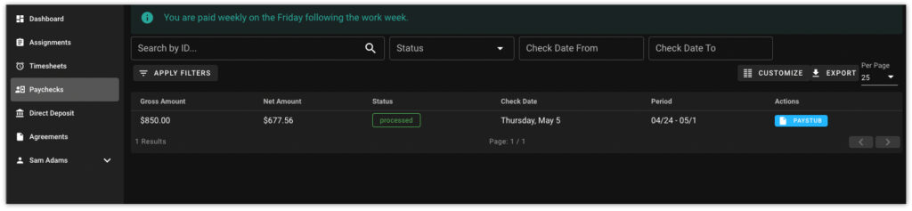 Image depicts the Paychecks tab of Ascen's timesheet portal where the temporary/interim talent can access their paystubs for their hours worked.