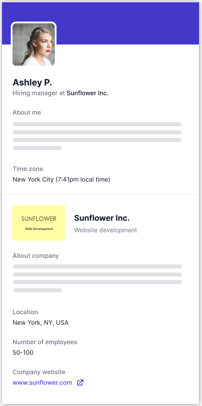 Image shows the pop-up that appears when talent views the company profile. When an employer initiates engagement with talent, the talent can see information about the employer such as the name of the person reaching out, their position title, and time zone, company logo, blurb, location, size, and website