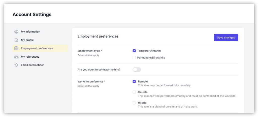 Talent can update employment preferences in account settings