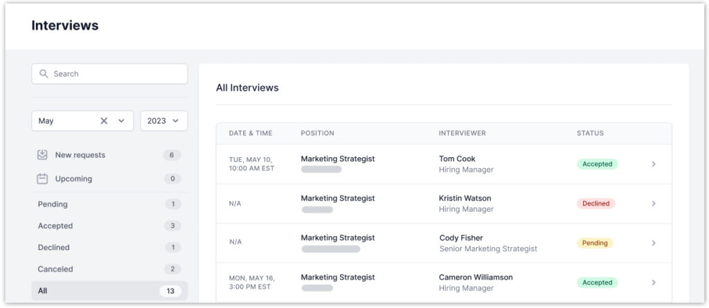 Image shows the Interviews tab in a job seeker account on GloballyHired. The tab shows the list of all interviews with employers and are sorted by status.