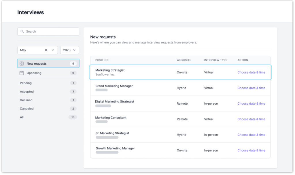 Image shows the Interviews section of a talent account on GloballyHired. Talent can sort interviews by new requests and respond back to employers to schedule or decline the interview.