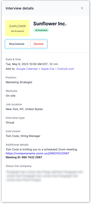 Image shows an example of what the talent sees on GloballyHired when they click to view details of a scheduled interview. The talent can request to reschedule the interview or decline it.