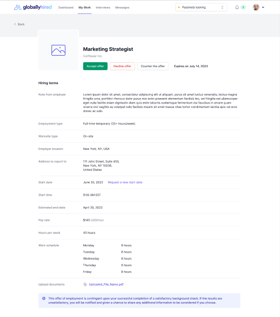 Image showing the job offers details a candidate has from a specific employer. Here a candidate can choose to Accept, Decline, or Counter the offer. 