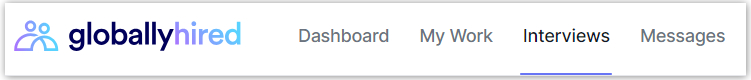 Image of GloballyHired's top navigation menu on the app. Navigate to the Interviews tab to manage your interviews with employers.