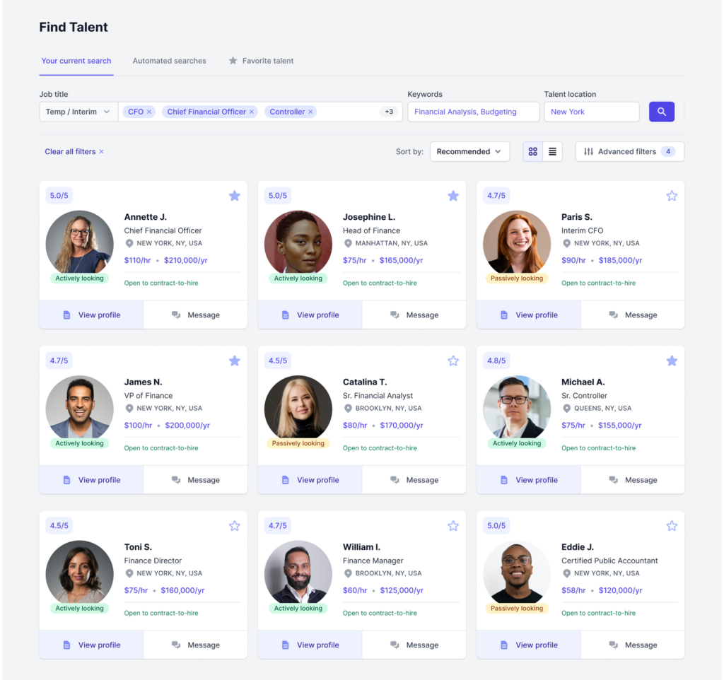 Image shows the globallyhired platform. Nine candidate profiles and their images can be seen of temporary finance staff candidates.